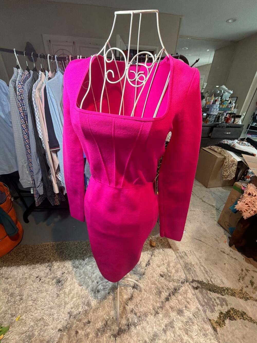 EXPRESS Hot Pink Long Sleeve Square Neck Corset Detail Mini Dress